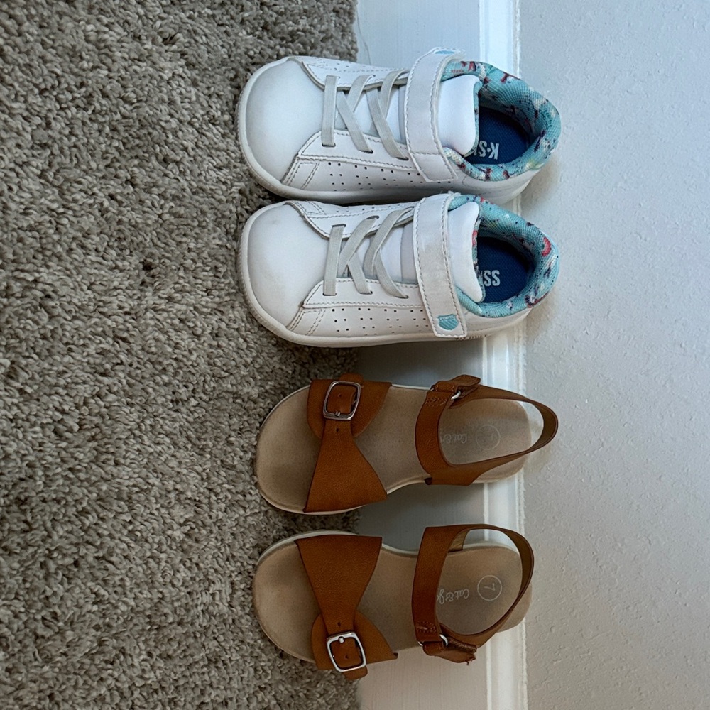 K-Swiss White Kids Sneakers and Cat and Jack Brown Sandals